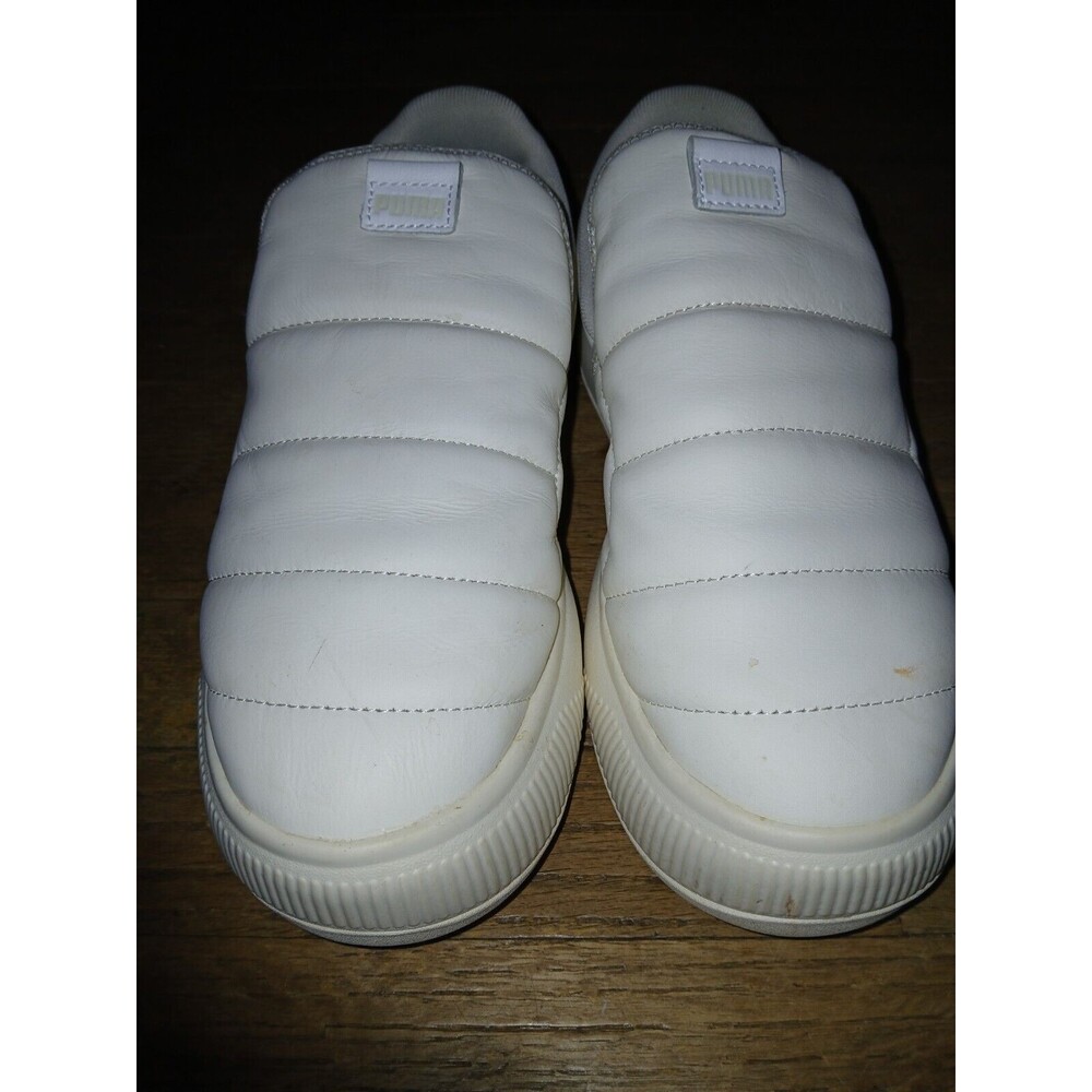 Puma White Leather Quilted Embossing Chunky Style 2" Flatfoam Slip-On Shoes 10